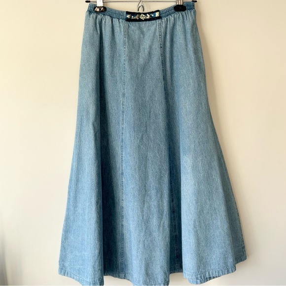 Vintage Traditional Tribal A Line Flowy Denim Midi Skirt - Picture 1 of 12